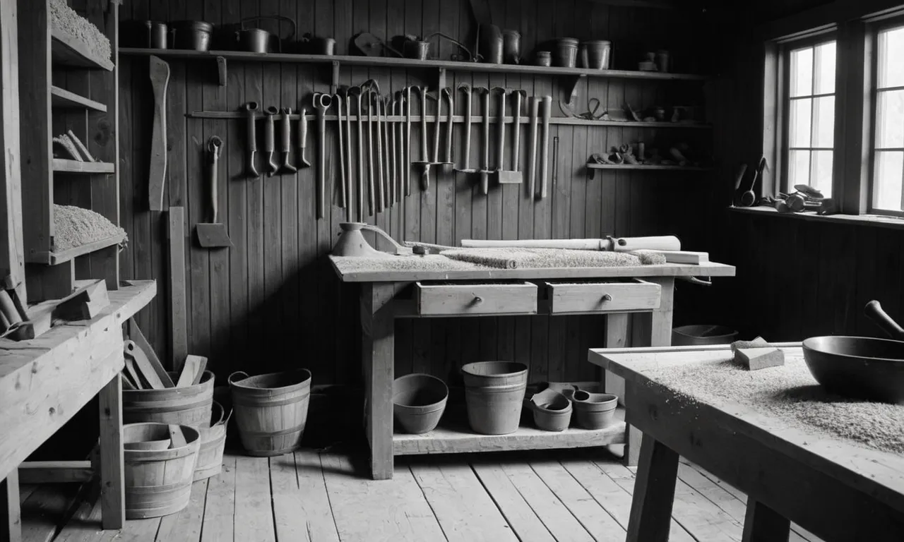 A black and white photo captures a humble carpenter's workshop, filled with sawdust and tools, reminiscent of Jesus' simple and laborious life.