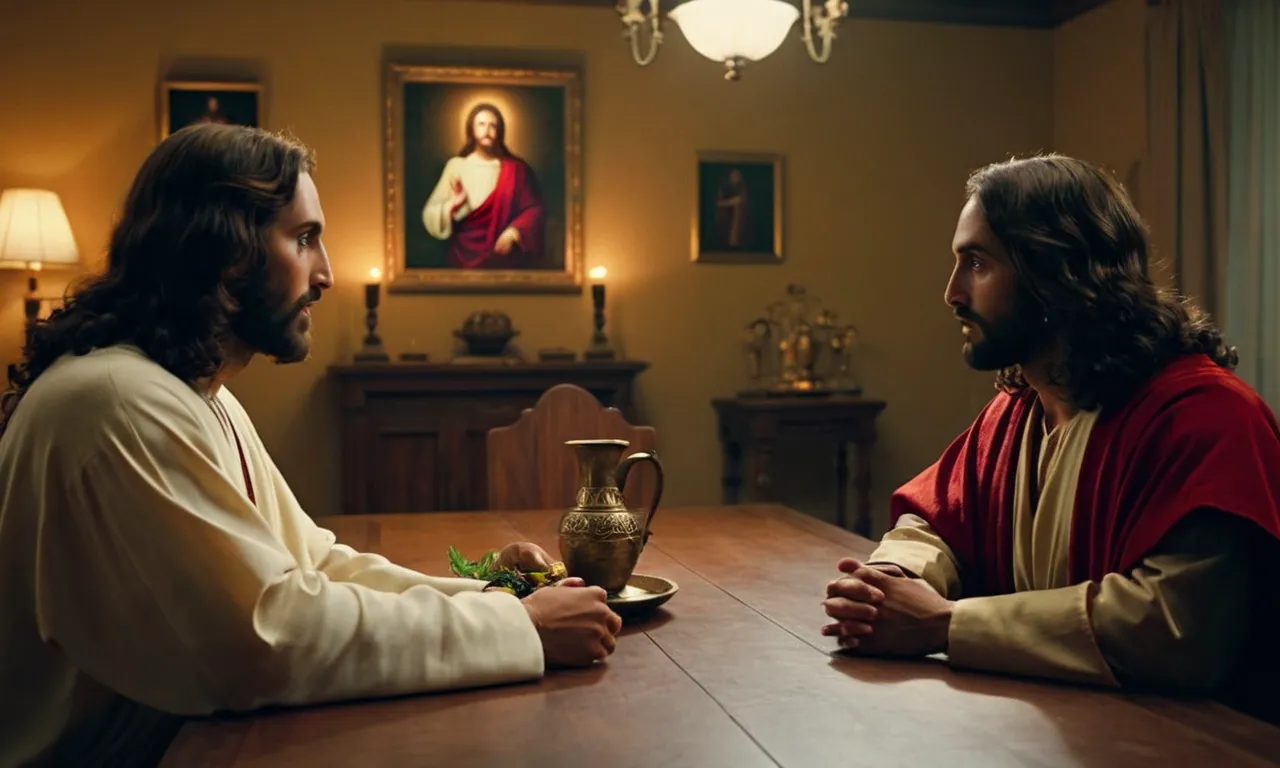 A dimly lit room with Jesus and Judas sitting at a table, their eyes locked in intense conversation, capturing the moment of their fateful meeting.