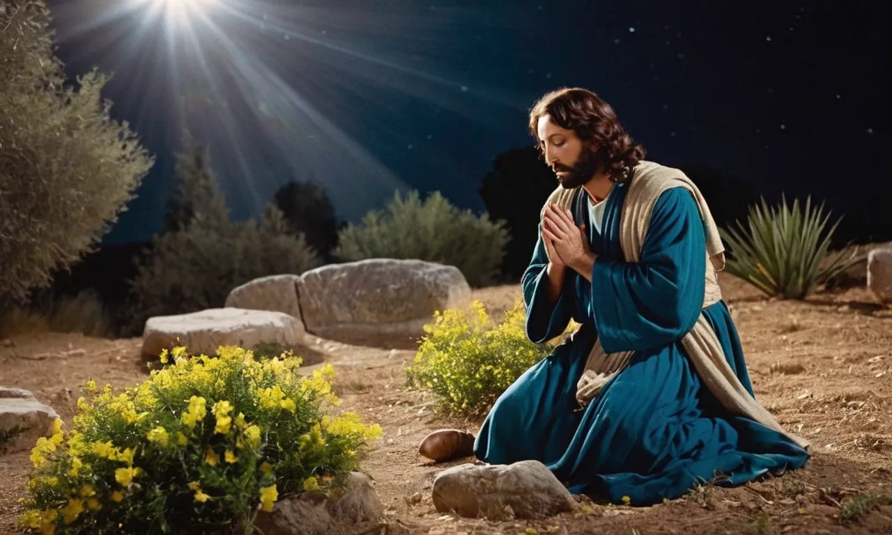 A photo captures Jesus kneeling in the Garden of Gethsemane, eyes closed in fervent prayer, while rays of moonlight illuminate his face, showcasing his deep connection with the divine.