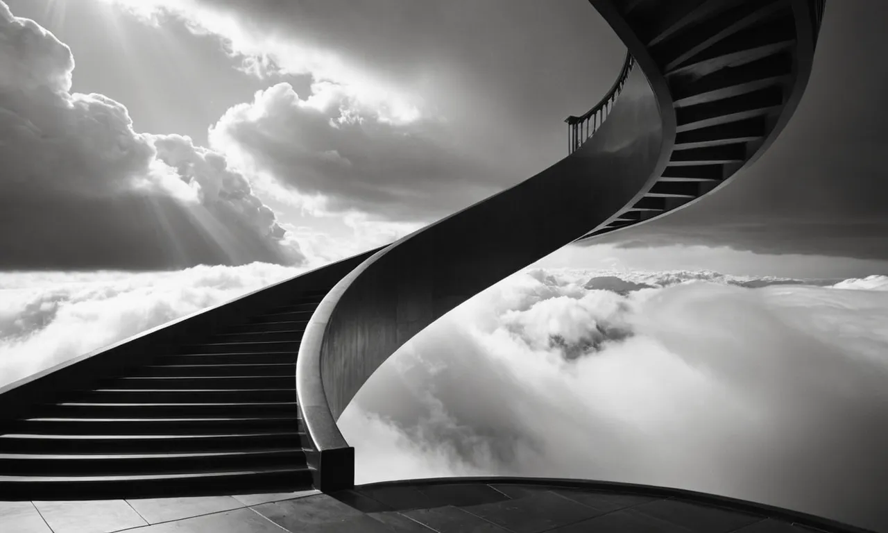 A black and white photo captures a winding staircase disappearing into the clouds, symbolizing the quest for heaven before Jesus' arrival.