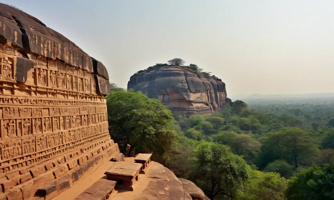 A photo capturing the grandeur of Ashoka's rock edicts, showcasing the profound impact of religion on the Mauryan Empire's governance and societal values.