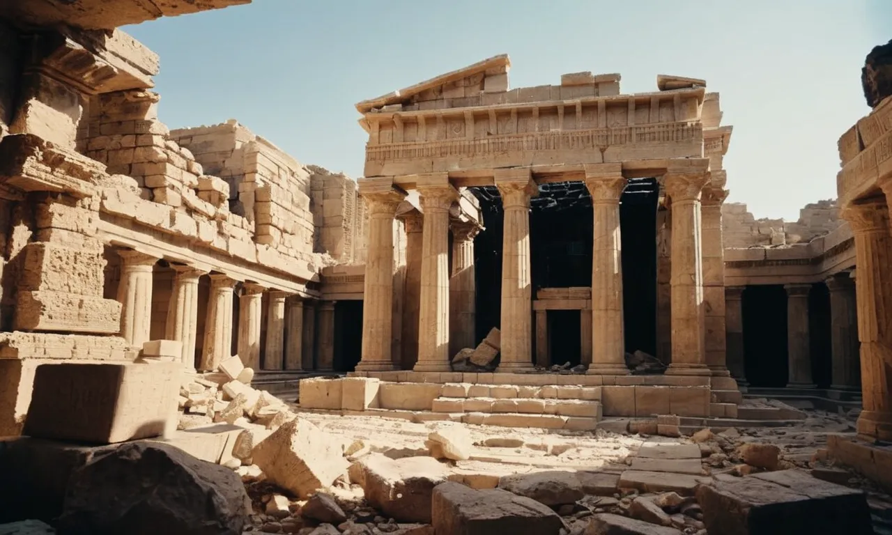 A photo capturing a shattered temple, symbolizing the destruction and displacement caused by the Babylonian exile, reflects the profound impact it had on Judaism.