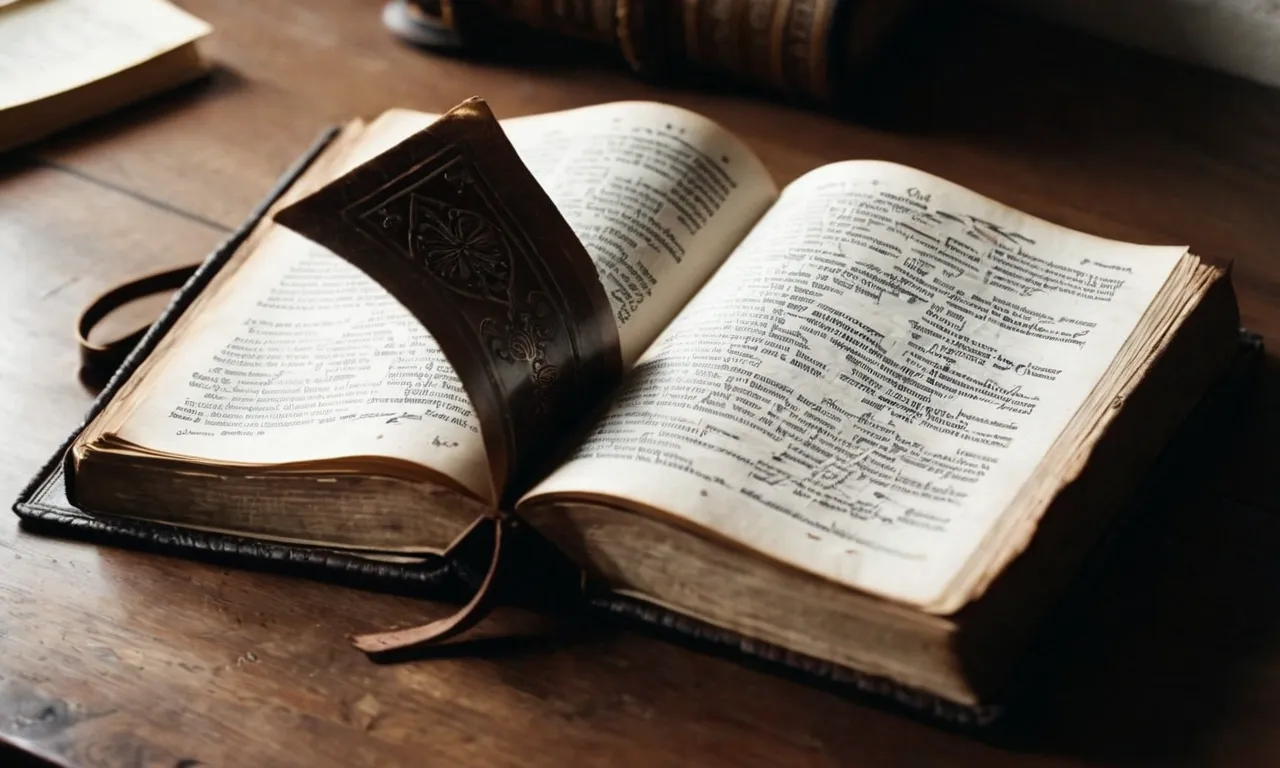 A black and white close-up shot of a worn leather-bound Bible lying open, revealing pages filled with handwritten notes, highlighting the meticulous process of assembling the sacred text.