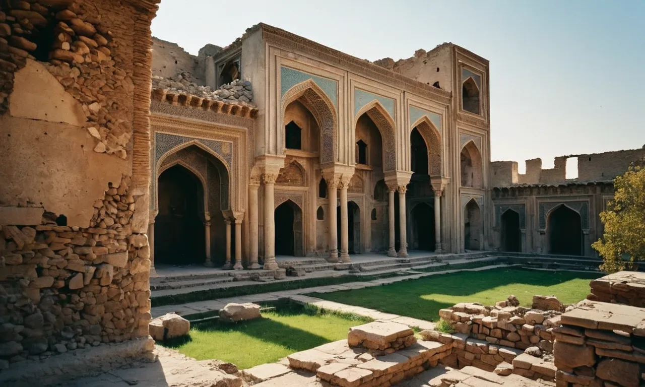 A haunting photograph captures the ruins of a once-grand Safavid palace, symbolizing the demise of the empire as time erodes its once glorious power and influence.
