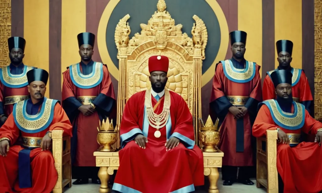 A photo capturing the vibrant Songhai Empire's rise: A regal ruler seated on a golden throne, flanked by scholars and warriors, symbolizing the empire's intellectual and military prowess.