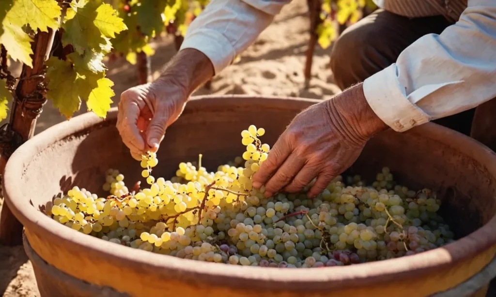 A captivating photo captures an ancient vineyard bathed in golden sunlight, depicting laborious hands pressing grapes and traditional clay vessels fermenting, revealing the mysteries of winemaking during bib