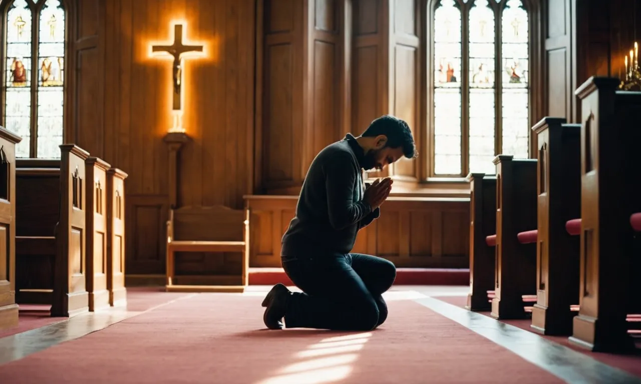 A photo of a person kneeling in a sunlit church, hands clasped in prayer, their face illuminated with a serene expression, seeking guidance from a higher power on what path to follow in life.
