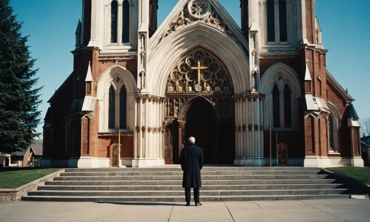 A photo capturing a person standing at the entrance of multiple churches, looking perplexed, symbolizing the uncertainty and contemplation of finding the church that aligns with God's will for them.