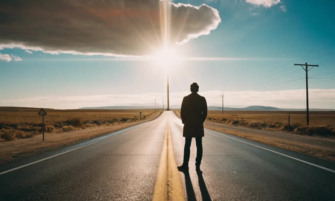 The photo captures a person standing at a crossroad, contemplating their choices, while a ray of light shines down from the sky, symbolizing the divine presence questioning the concept of free will.