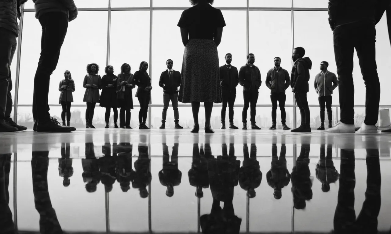 A black and white photo of diverse individuals standing side by side, their reflections captured in a mirror. Symbolizing unity, the image reflects the diverse yet interconnected nature of humanity, mirroring God's image.
