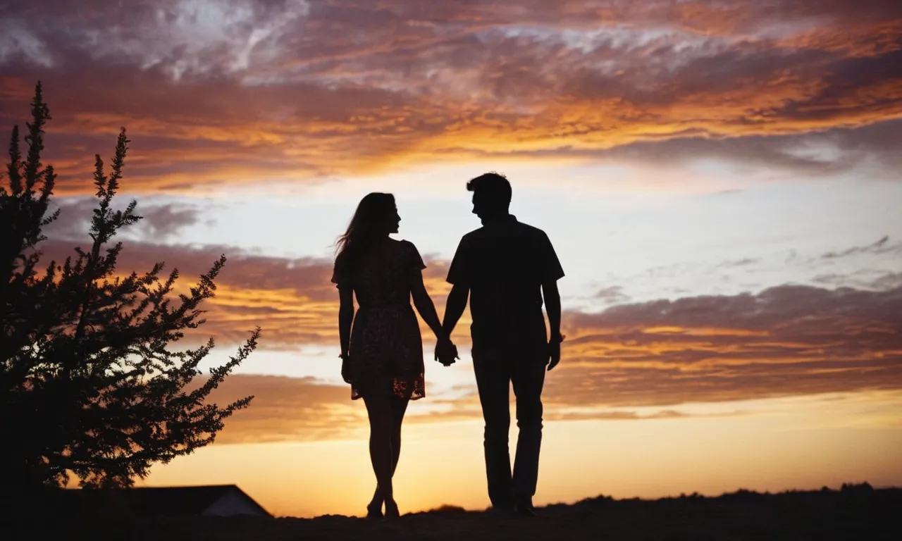 A photo capturing a radiant sunset, where the silhouettes of a man and woman intertwine, symbolizing the divine intervention that unites their paths in love and harmony.