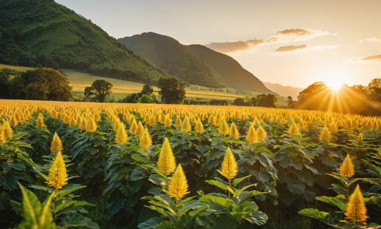 A breathtaking photograph captures a golden sunrise over a lush landscape, symbolizing God's divine power and blessing, inspiring one towards prosperity and abundance in life.