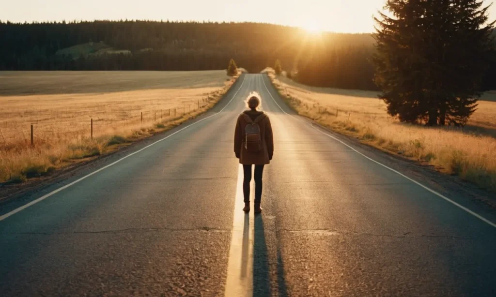 A captivating photo captures a person standing at a crossroad, bathed in a soft golden light, as a celestial hand gently points towards the path leading to a radiant horizon.