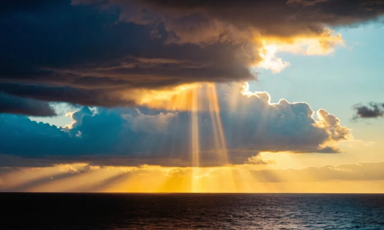 A breathtaking sunset over an ocean horizon, where rays of golden light pierce through dark clouds, symbolizing God's presence and his awe-inspiring manifestation in my life.