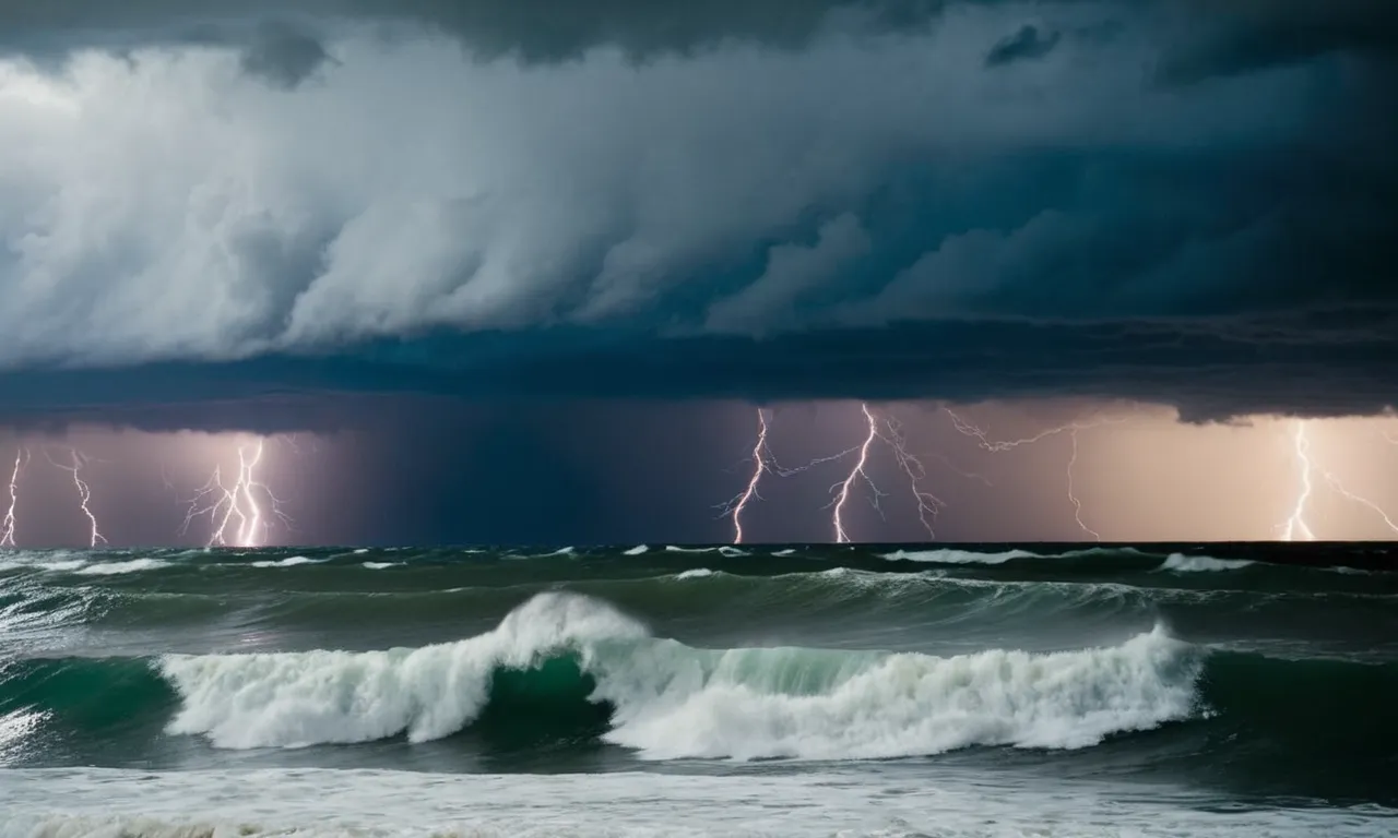 A photo capturing a lone figure standing amidst a stormy sea, symbolizing God's punishment, as dark clouds loom overhead, waves crashing forcefully, and lightning illuminating the tumultuous scene.