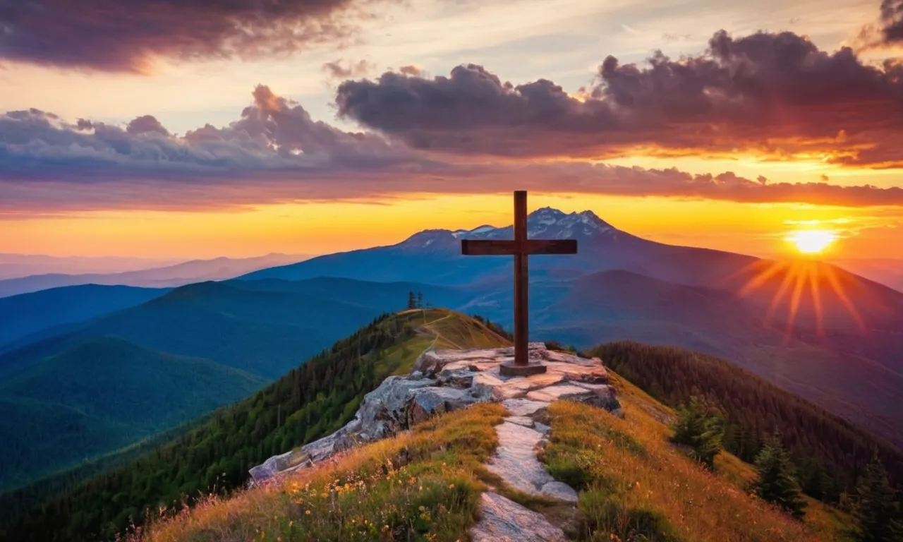 A photograph capturing the mesmerizing hues of a sunset over a mountaintop, illuminating a cross, symbolizing God's presence and revealing His beauty and majesty to us.
