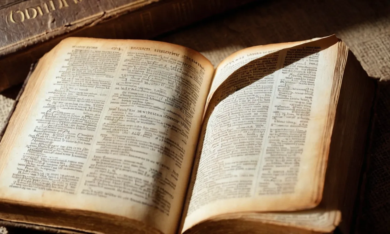 A close-up shot captures a worn, weathered Bible open to a page describing God's omnipotence, while a beam of light illuminates the words, symbolizing divine guidance and enlightenment.