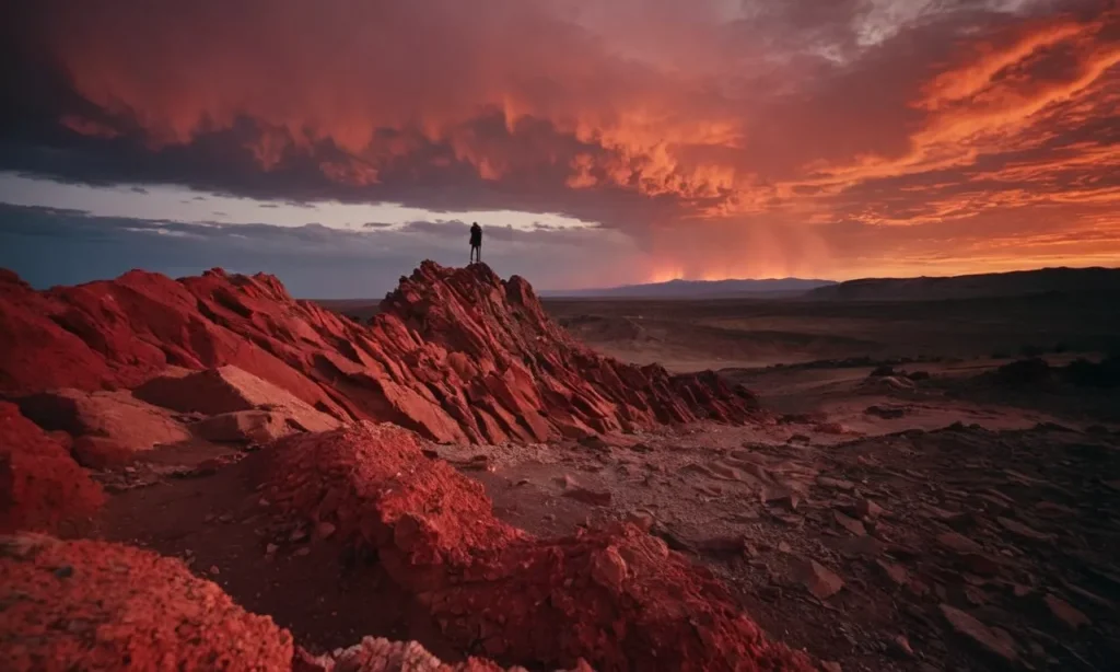 A photograph of a desolate landscape with fiery red skies, jagged rocks, and a lone figure engulfed in torment, symbolizing the biblical depiction of Hell's eternal suffering.