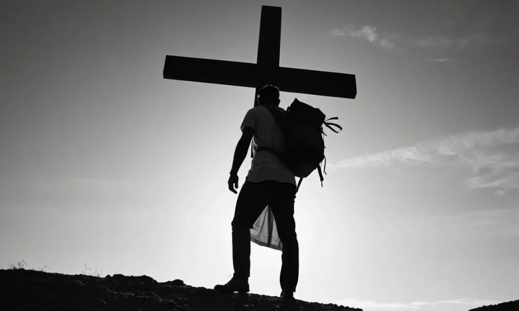A black and white image, capturing the silhouette of a man burdened by a heavy cross, trudging uphill, depicting the immense physical and emotional journey Jesus endured.
