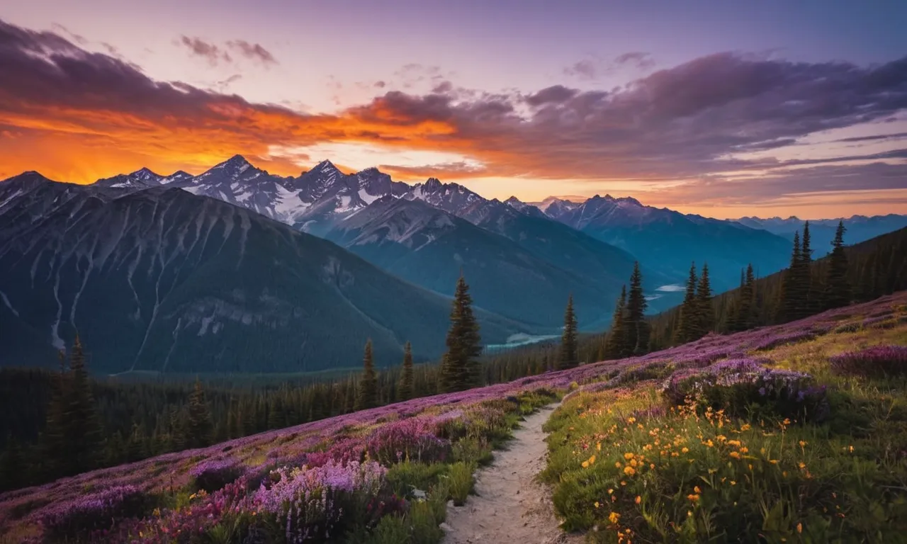 A breathtaking sunset over a mountain range, capturing the vibrant hues of orange and purple, evoking a sense of awe and wonder, perfectly reflecting the lyrics of "How Great is Our God."