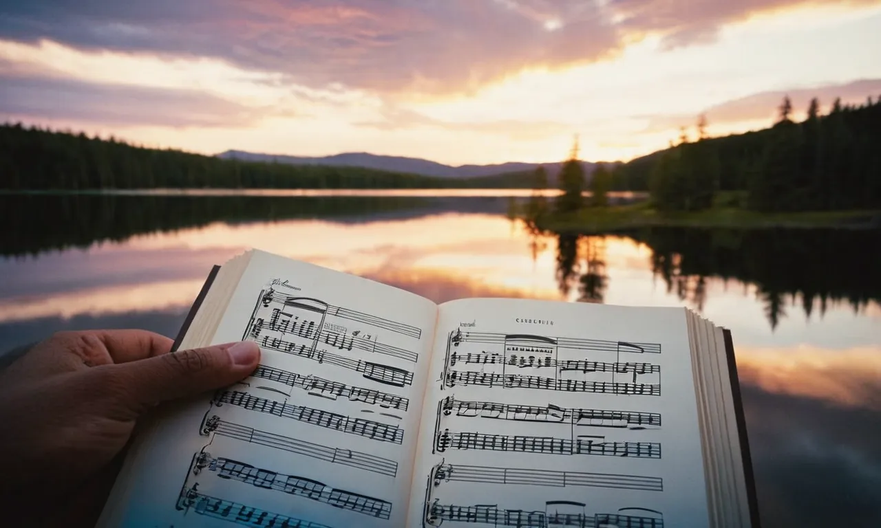 A breathtaking sunset over a serene lake, captured in a photograph, as a musician's hands gently rest on the "How Great is Our God" sheet music, symbolizing the beauty and majesty of God's creation.