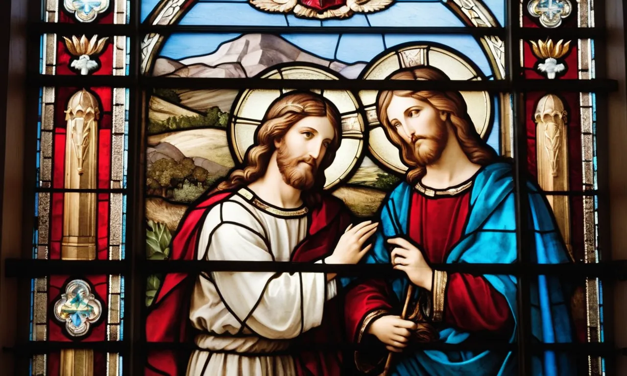 A photograph capturing a stained glass window in a church, depicting the biblical figures of Jesus and David, symbolizing their connection and the lineage of Jesus from the House of David.