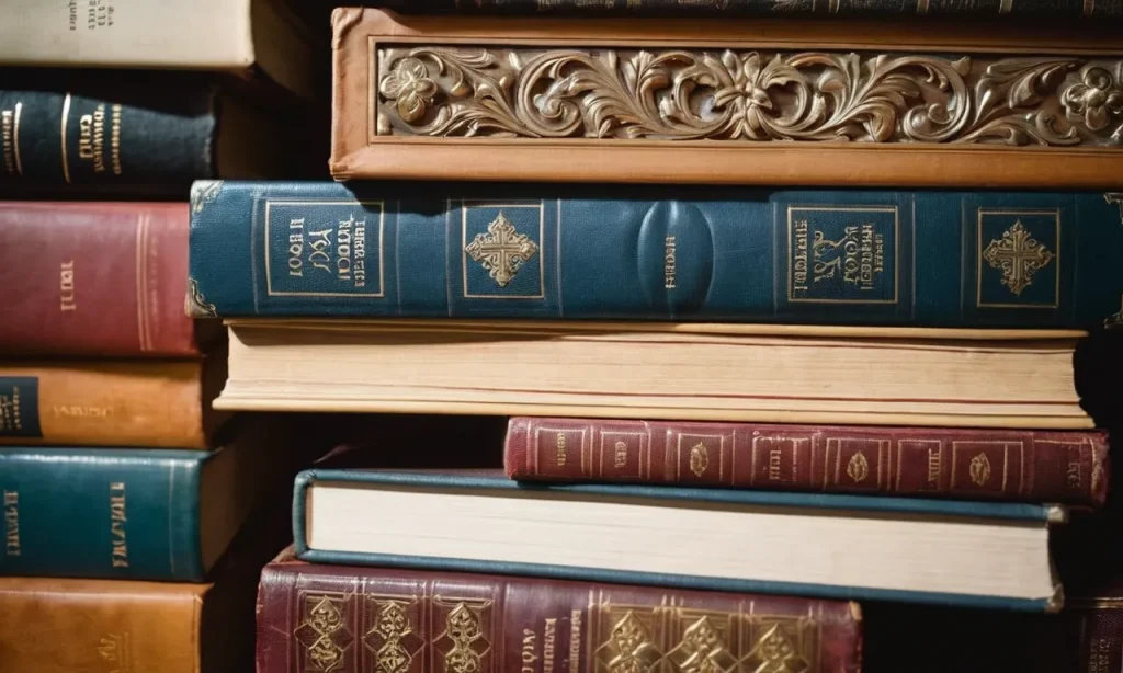 A close-up photo of a neatly arranged stack of Bibles, showcasing the various sections like Old Testament, New Testament, books, chapters, and verses, highlighting the organization of the holy book.