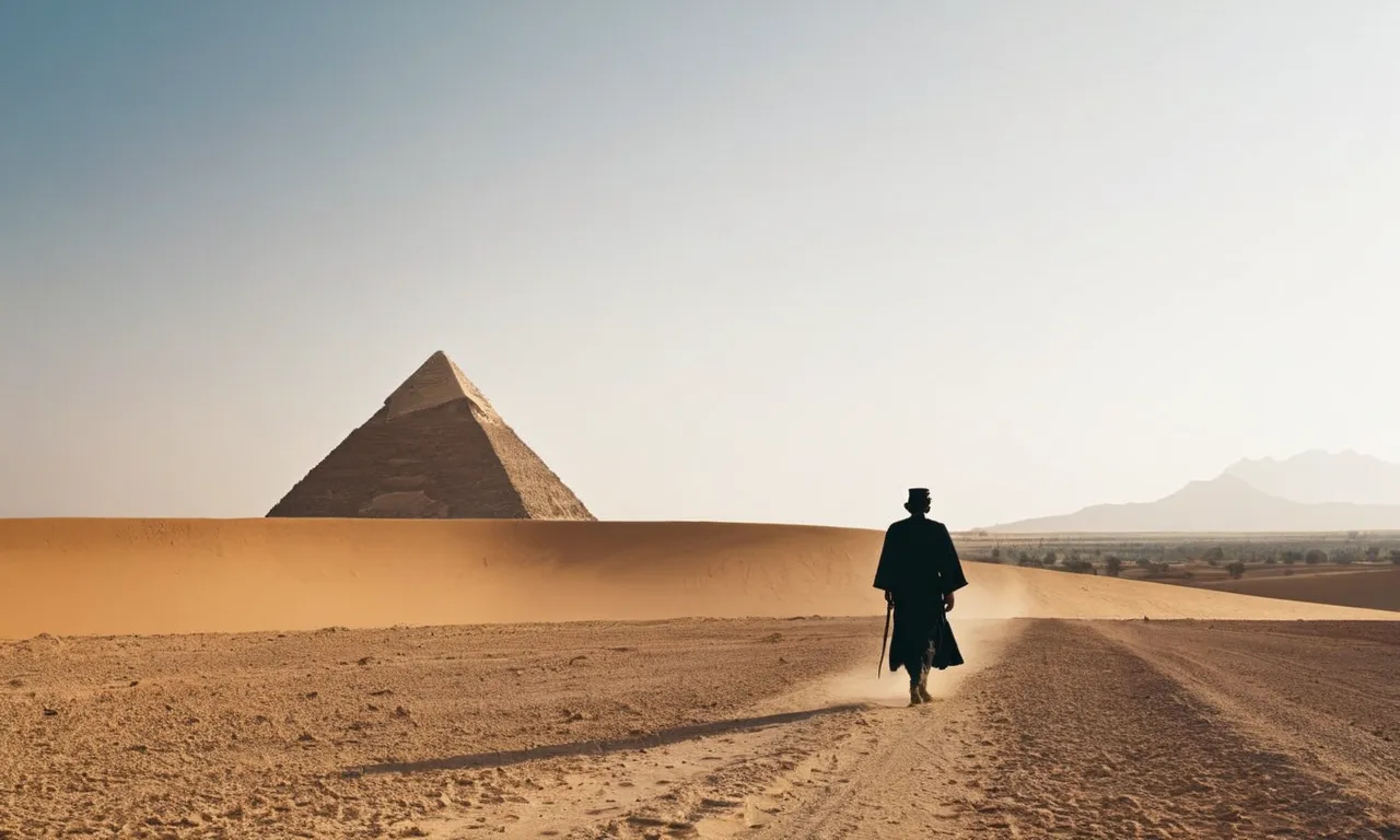 A photo capturing a desert landscape with a silhouette of a man walking towards a distant pyramid, symbolizing Jesus' time spent in Egypt.