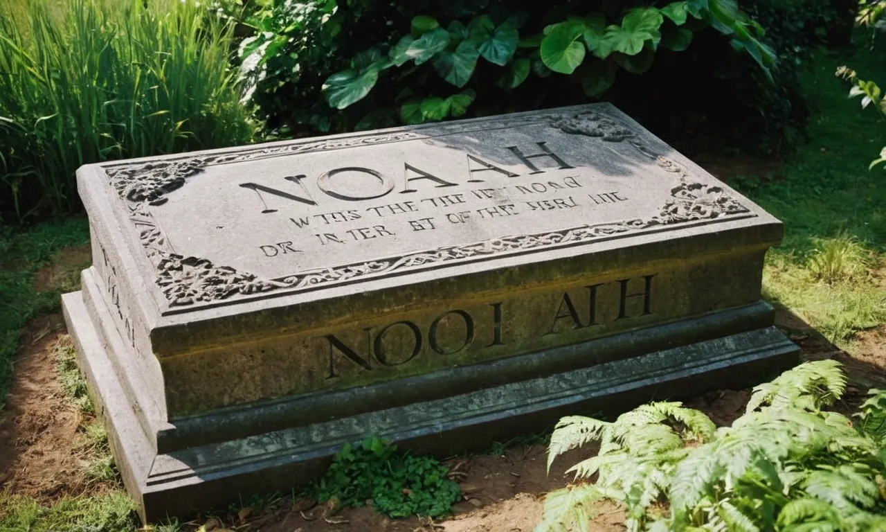 A photo showcasing a weathered, ancient-looking gravestone inscribed with "Noah," surrounded by lush greenery, symbolizing the long life of Noah as mentioned in the Bible.
