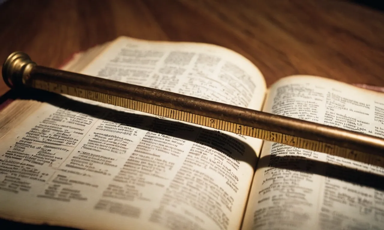 A close-up photo of an ancient measuring rod, known as a stadia, lying on an open Bible, showcasing the intricate details and historical significance of biblical measurements.