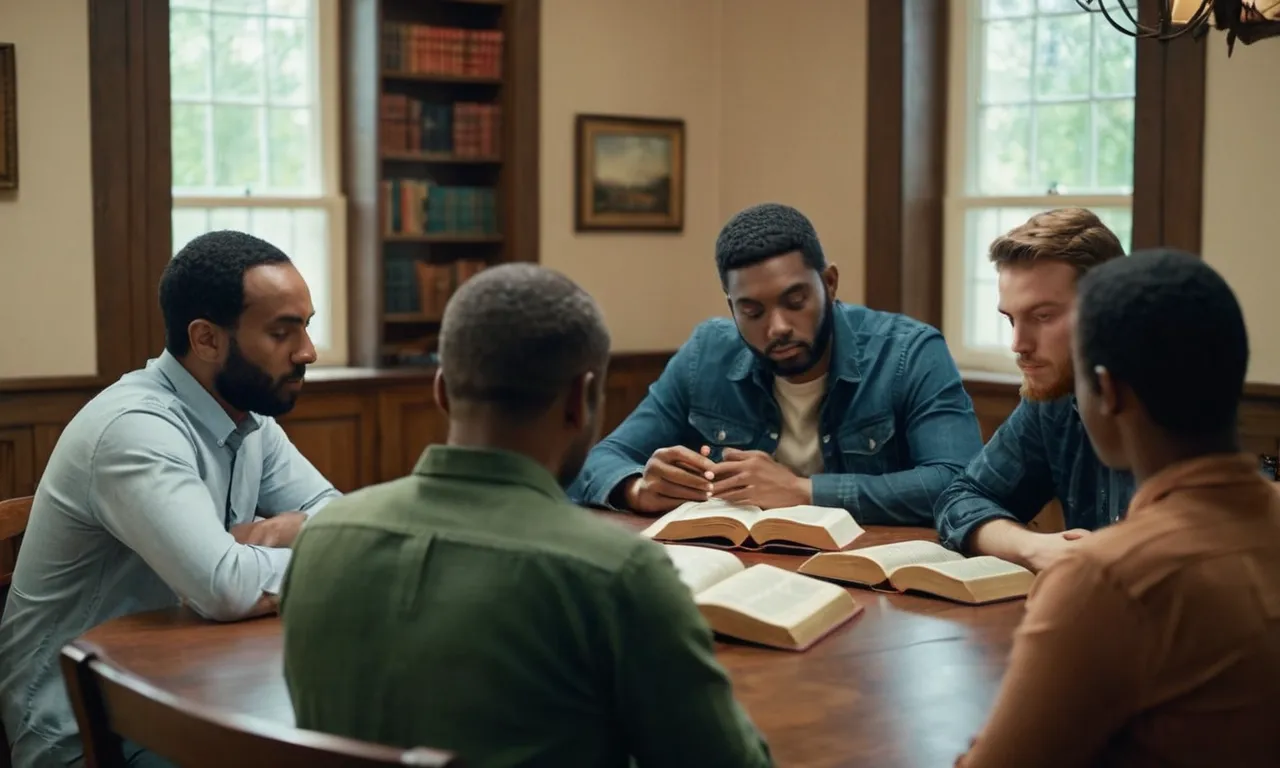 A photo of a group of people sitting around a table, immersed in deep discussion, surrounded by open Bibles, indicating their dedication and curiosity towards Bible study.