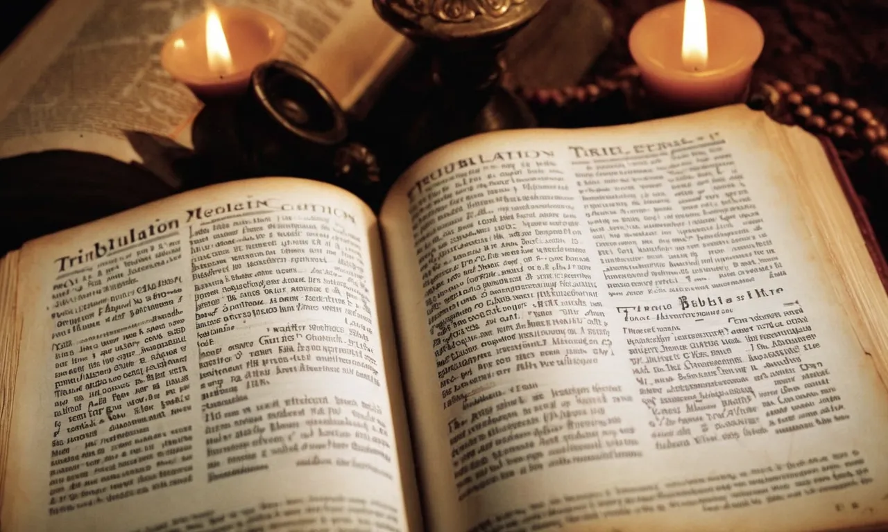 A photo of an open Bible, with a bookmark placed on the verse mentioning the tribulation period, capturing the essence of questioning and seeking understanding within religious scriptures.