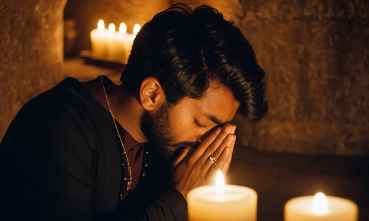 A photo capturing a person sitting in solitude, eyes closed, hands clasped in prayer, surrounded by flickering candlelight, symbolizing their devotion and contemplation during a fast for God.