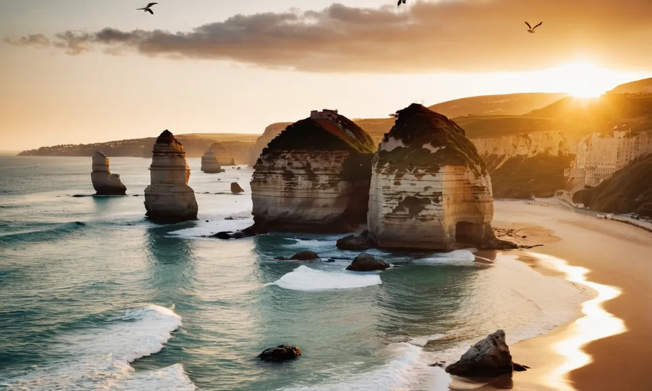 A photo capturing a serene beach at sunset, with twelve seagulls gracefully perched on rocks, symbolizing the twelve apostles mentioned in the Bible.