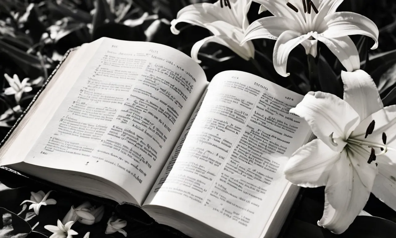 A poignant black and white photograph capturing a delicate, weathered Bible resting upon a bed of white lilies, symbolizing the countless lives lost in biblical narratives.