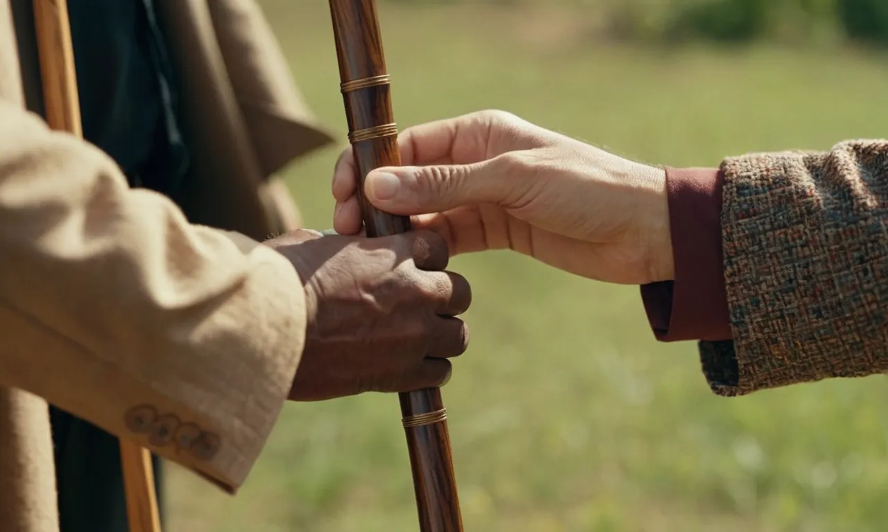 A close-up shot capturing a gentle hand touching a walking stick, symbolizing the profound impact Jesus had on healing the blindness of many individuals.