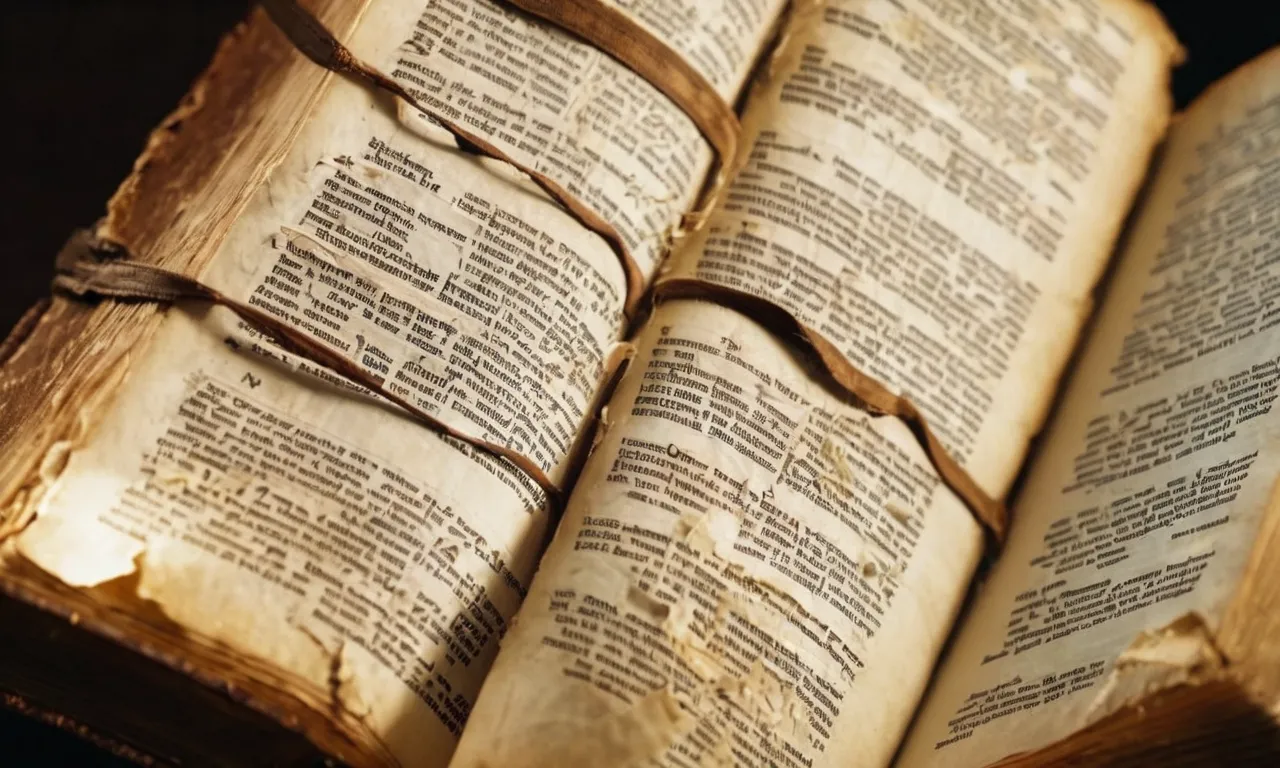 A close-up shot of an ancient, weathered bible, its pages worn and torn, symbolizing the countless books that were removed from its sacred text throughout history.