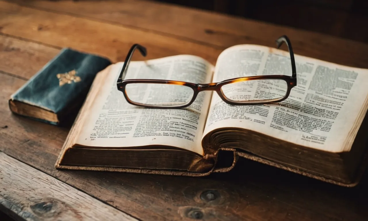 A close-up photo of a worn Bible lying open on a wooden table, with a pair of reading glasses placed on top, symbolizing the curiosity and dedication of Christians to delve into the scriptures.