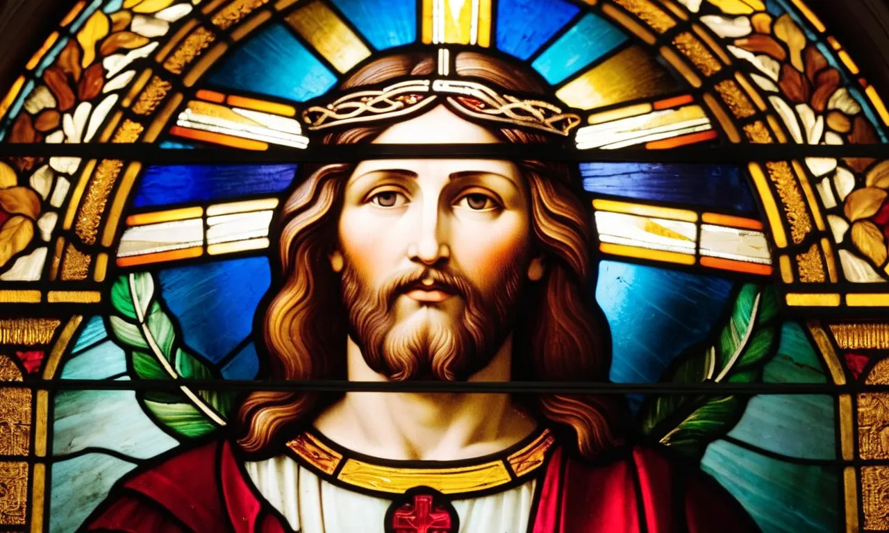 A close-up photo of a stained glass window depicting Jesus, radiating divine light, symbolizing the mystery of his genetic makeup and the question of how many chromosomes he possessed.