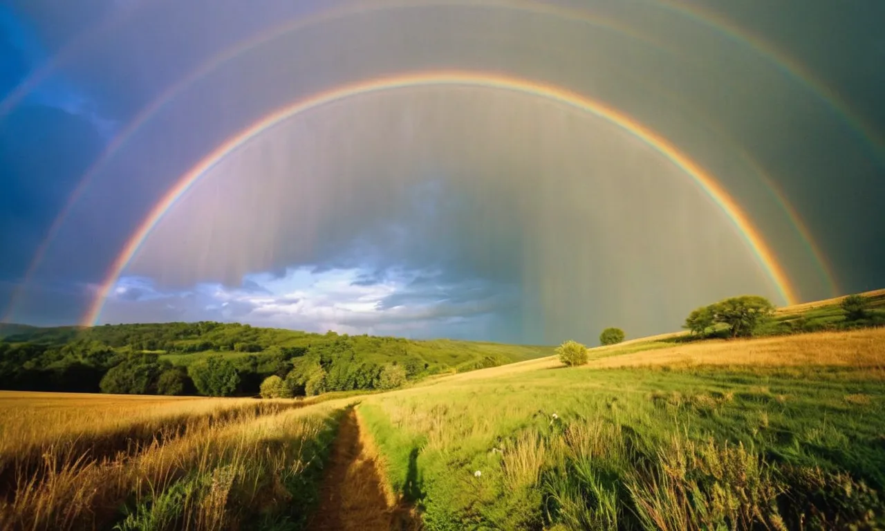 A vibrant photograph capturing the essence of the biblical rainbow, showcasing its splendid spectrum of colors against a serene backdrop, serves as a visual testament to its divine significance.