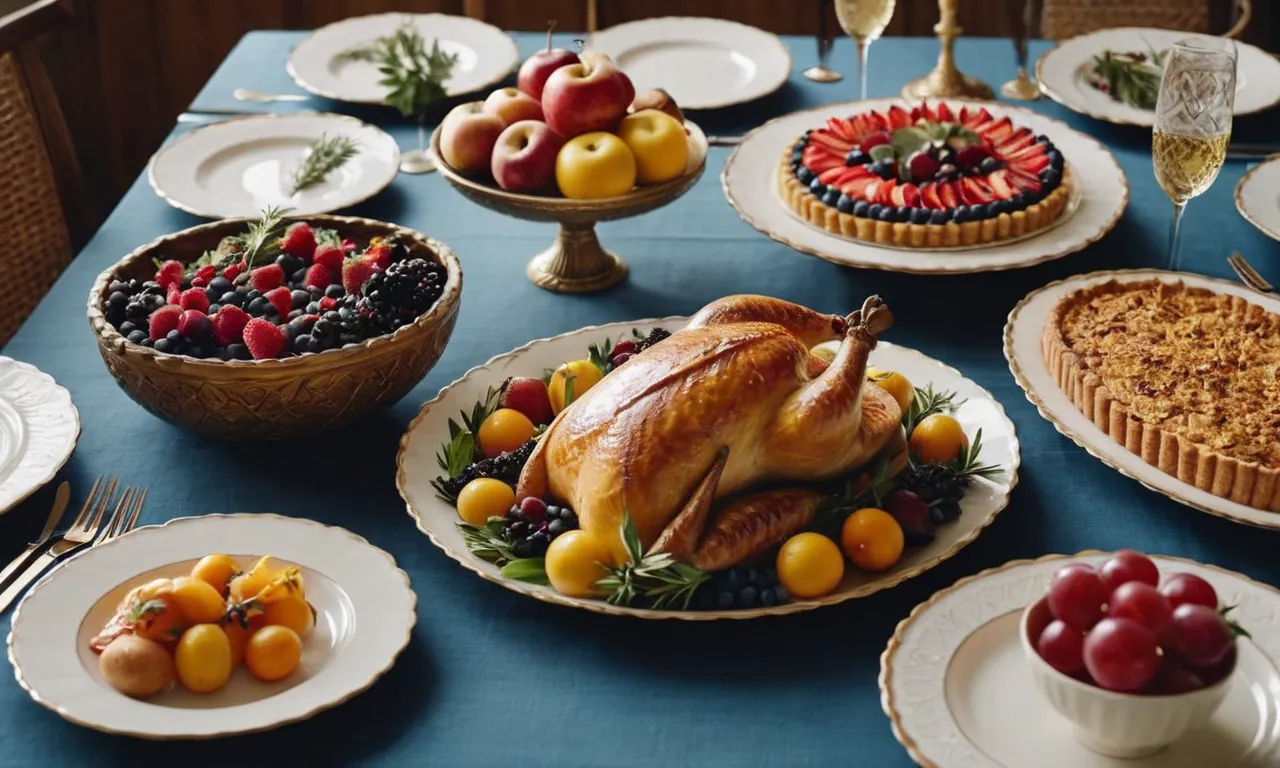 A photo of a beautifully set table adorned with delicious food, reminiscent of biblical feasts, evoking a sense of abundance, celebration, and divine providence.