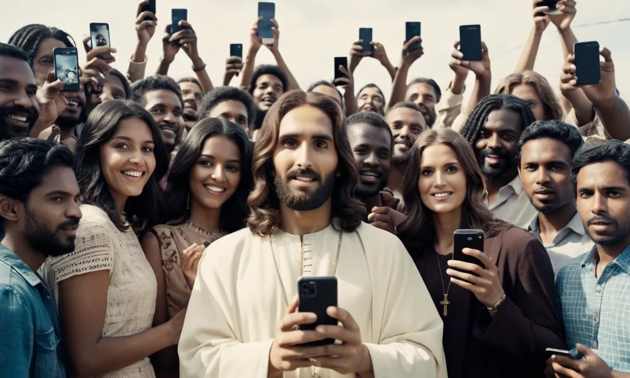 A black and white photograph captures Jesus, surrounded by a small group of diverse individuals, each holding up smartphones displaying numbers representing their followers, symbolizing the modern obsession with social media validation.