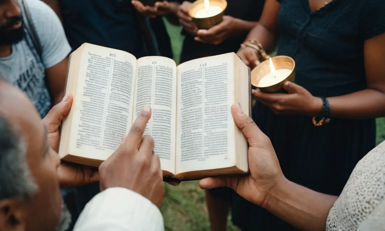 A photo of a diverse group of individuals holding various translations of the Bible, each engrossed in their own interpretation, capturing the multitude of perspectives and understandings.