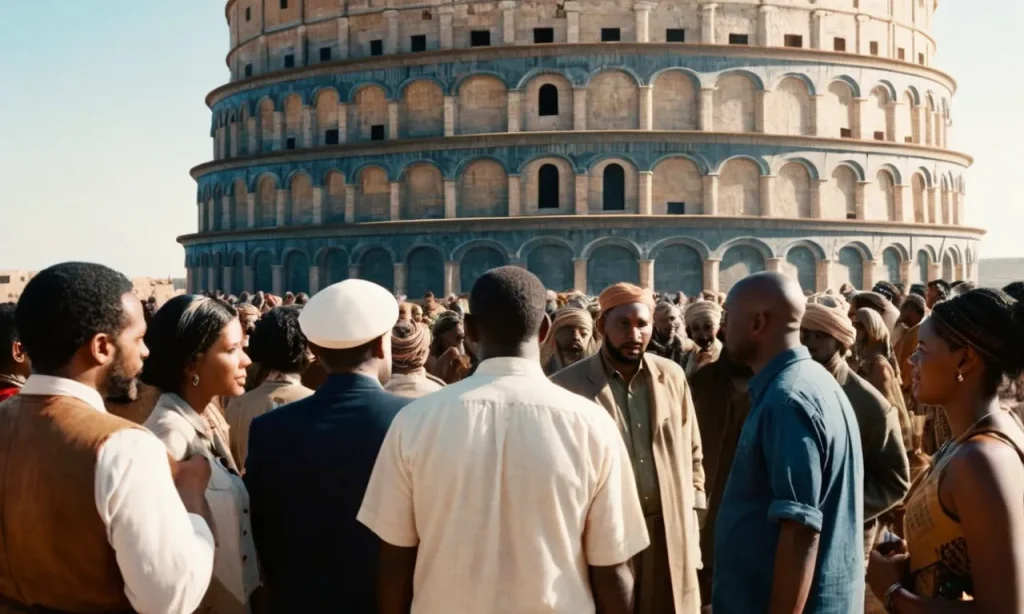 A captivating photo capturing diverse individuals from all corners of the world, each engaged in conversation, symbolizing the multitude of languages created at the Tower of Babel.