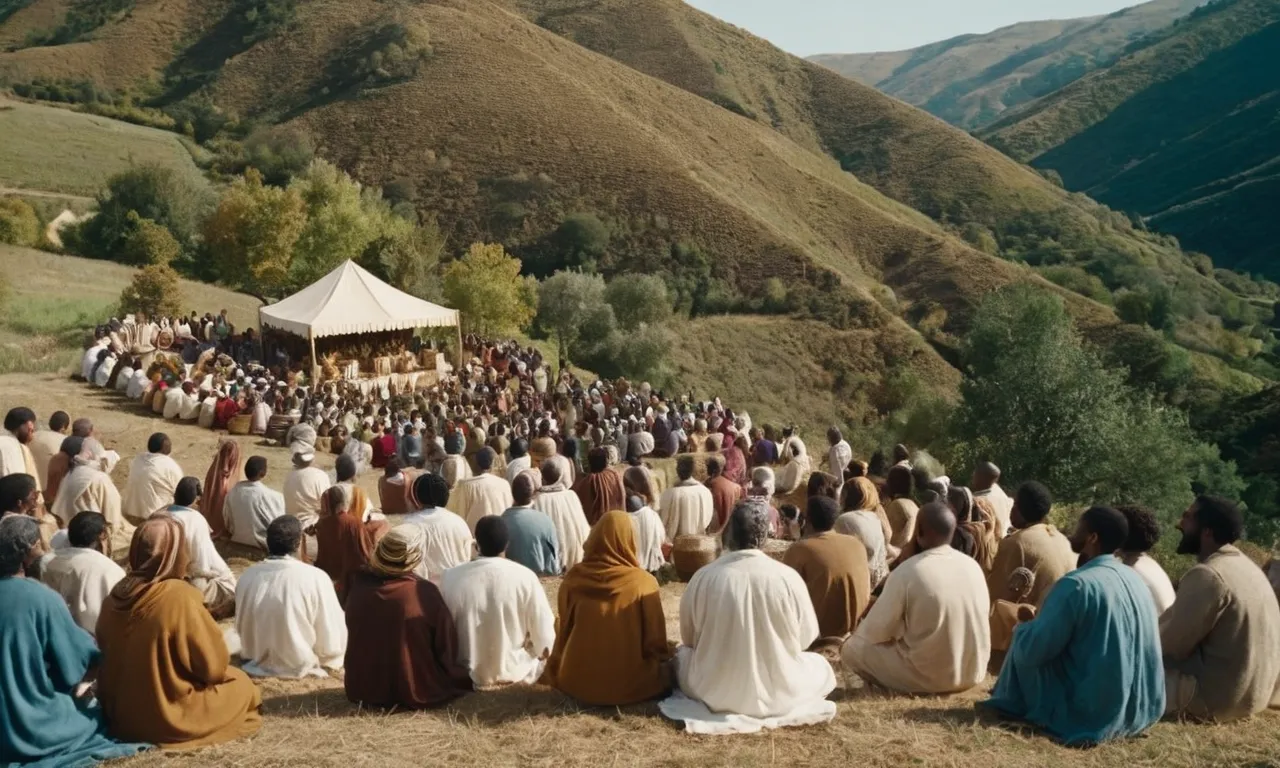 A captivating image captures a multitude of diverse individuals seated on a hillside, eagerly receiving nourishment as Jesus stands before them, multiplying loaves and fishes with compassionate grace.
