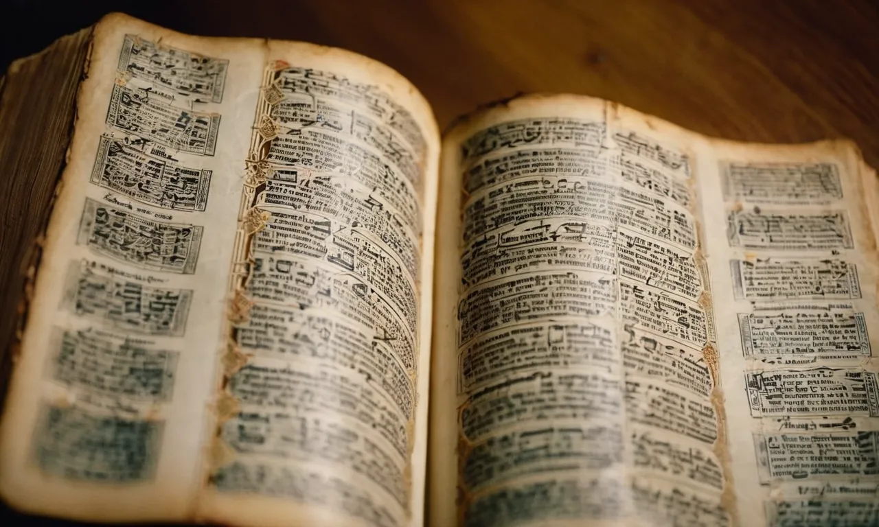 A close-up photo of a worn-out Bible, pages turned and marked, showing the intricate network of handwritten notes and underlined passages, a testament to the countless souls who have memorized its sacred words.