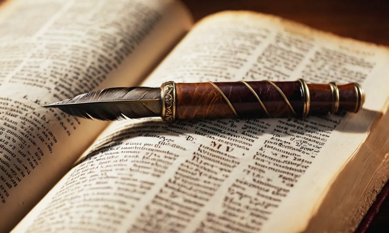 A close-up photograph of an ancient, weathered quill pen resting on an open page of the Bible, symbolizing the countless individuals who contributed to its creation.
