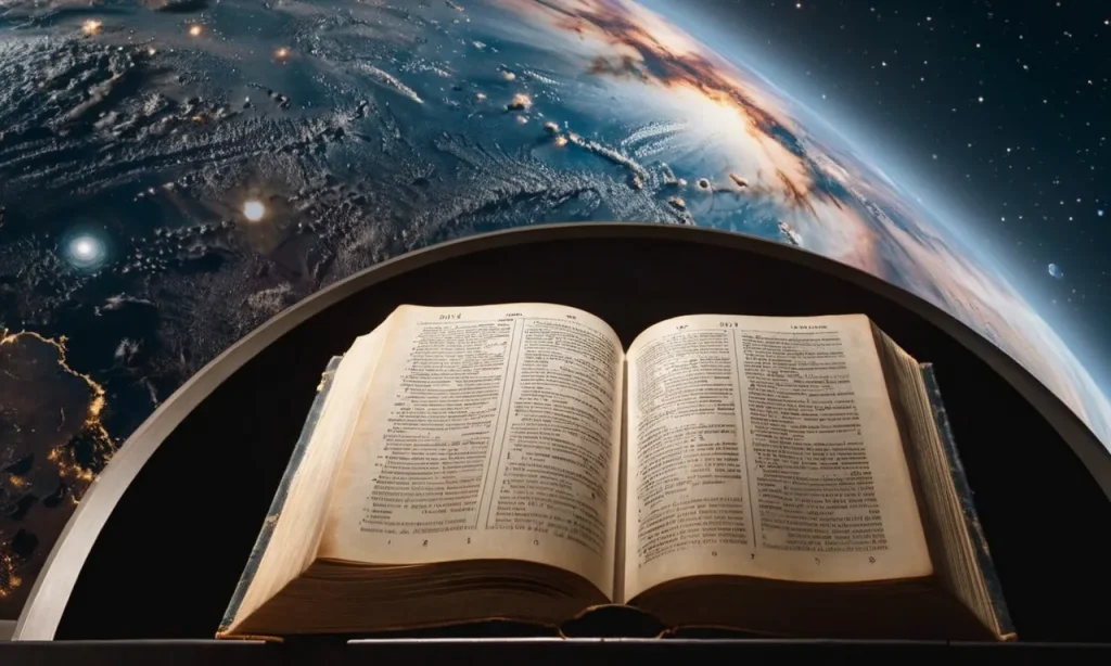 A photo of an open Bible resting on a planetarium dome, illustrating the correlation between religious text and astronomical knowledge.