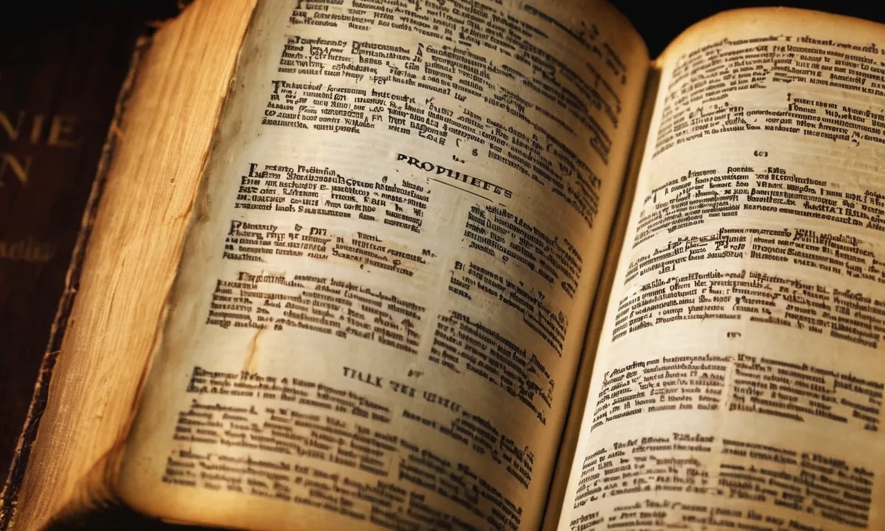 Close-up of an old, weathered Bible, its pages open to a list of prophets, capturing the timeless wisdom and divine guidance that has shaped humanity.
