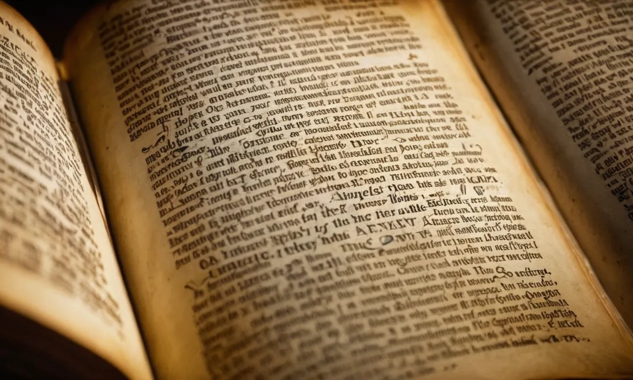 A close-up photo of a worn Bible page revealing the verses mentioning angels, highlighted in soft light, symbolizing their significance in biblical texts.
